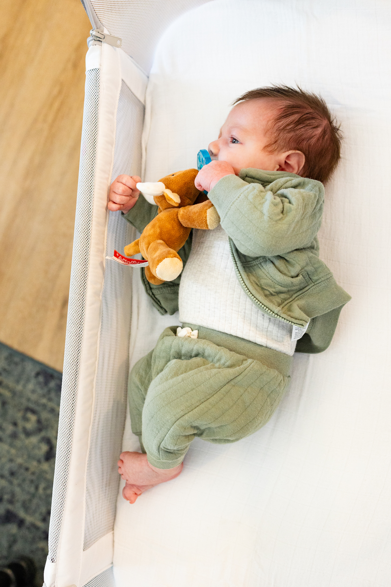 Newborn baby boy sucking on a pacifier while laying in his bassinet.