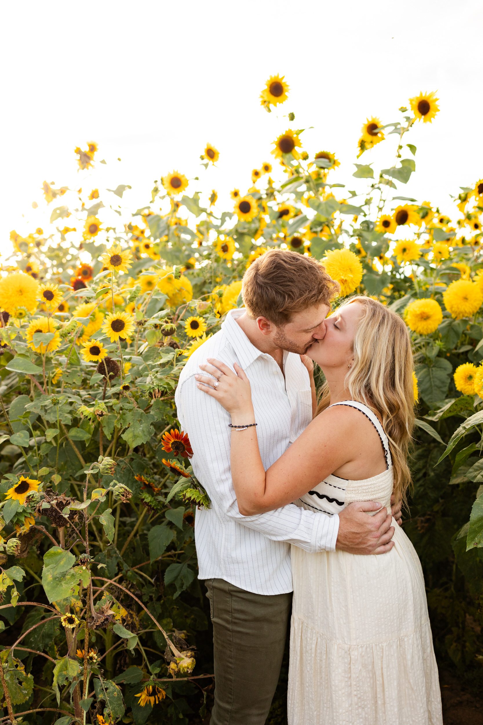 A newly engaged couple shares a kiss in a sunflower field.