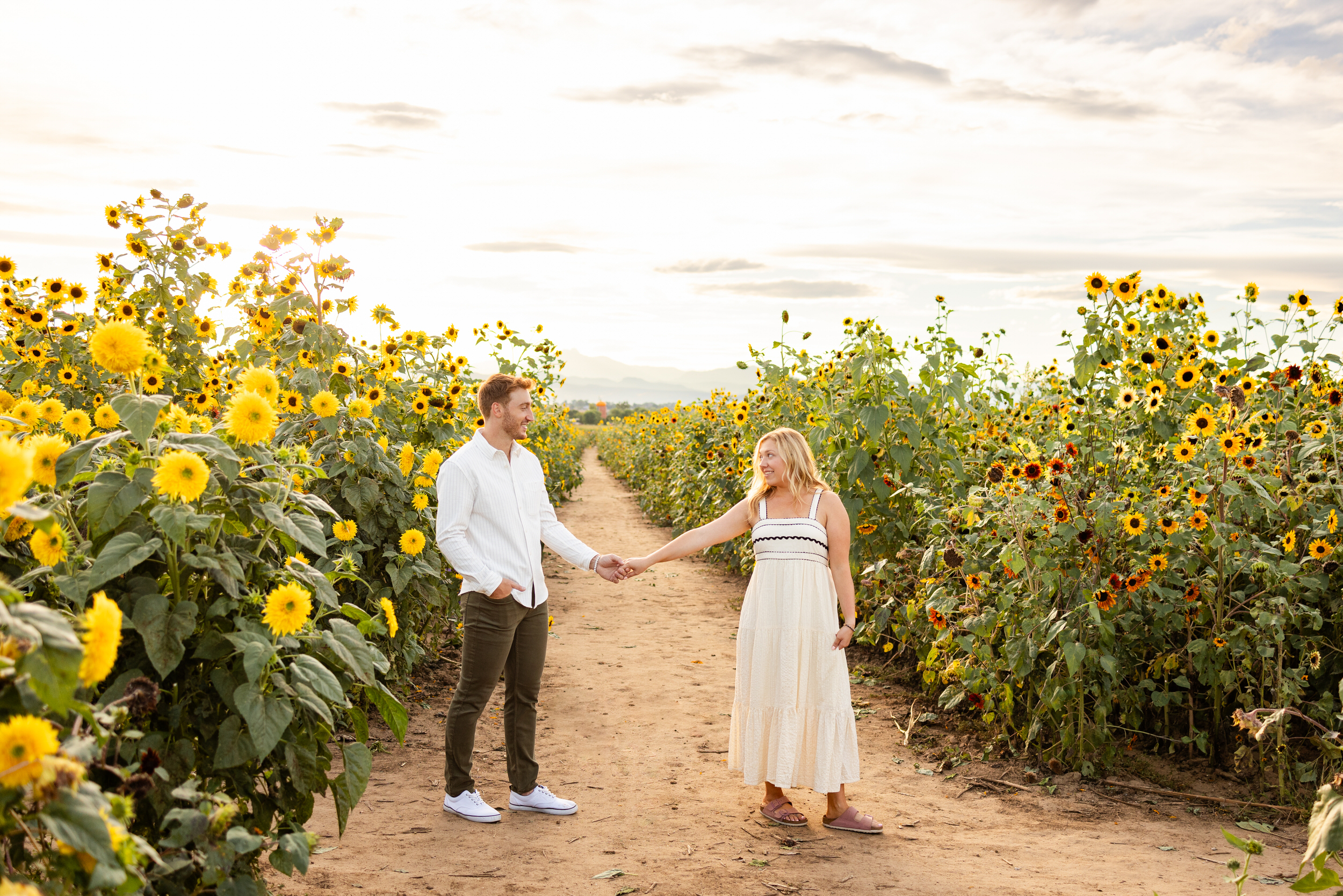 A woman holds her fiancée's hand and leads him through a sunflower field.