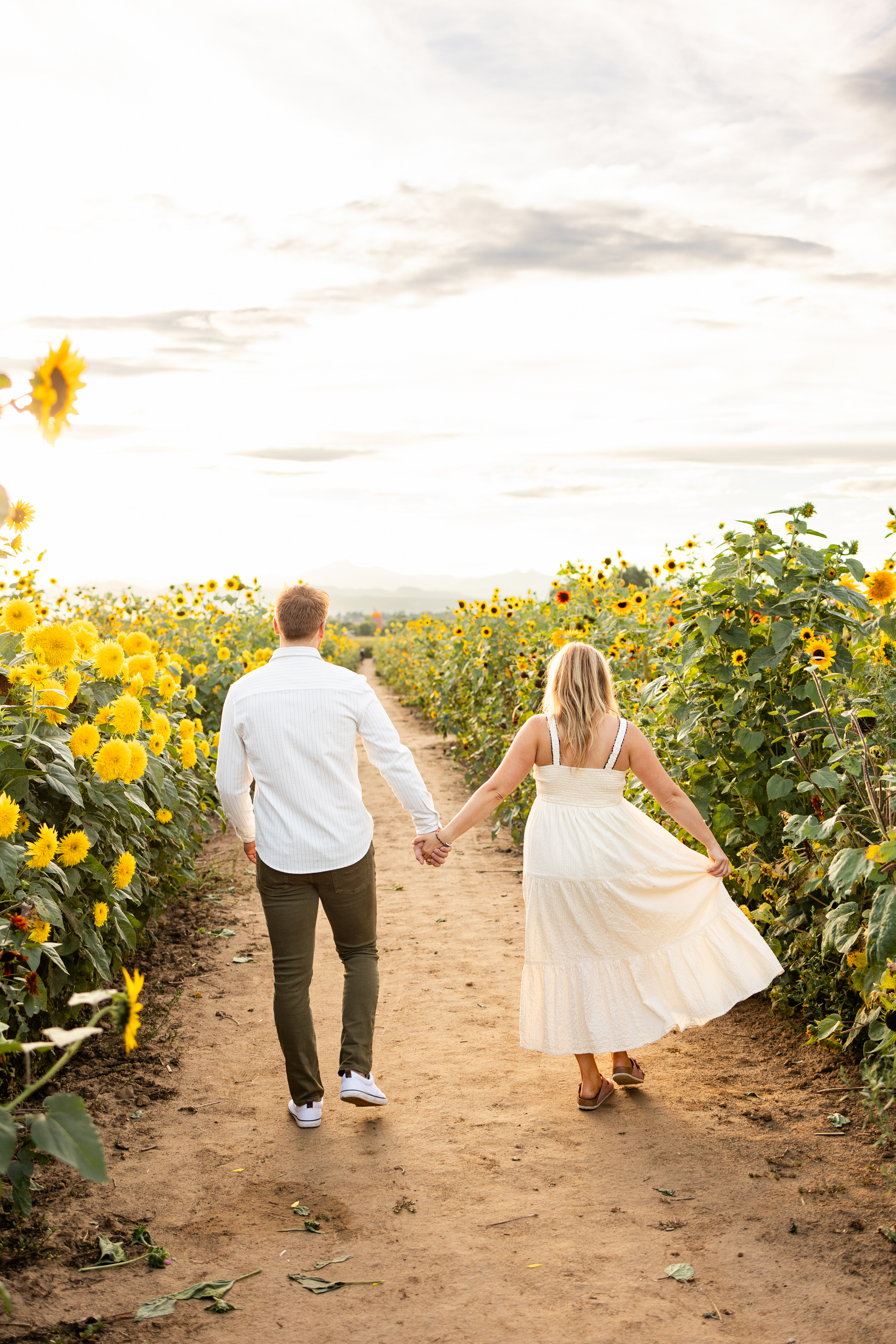 A couple walks toward the sunset in a sunflower field.