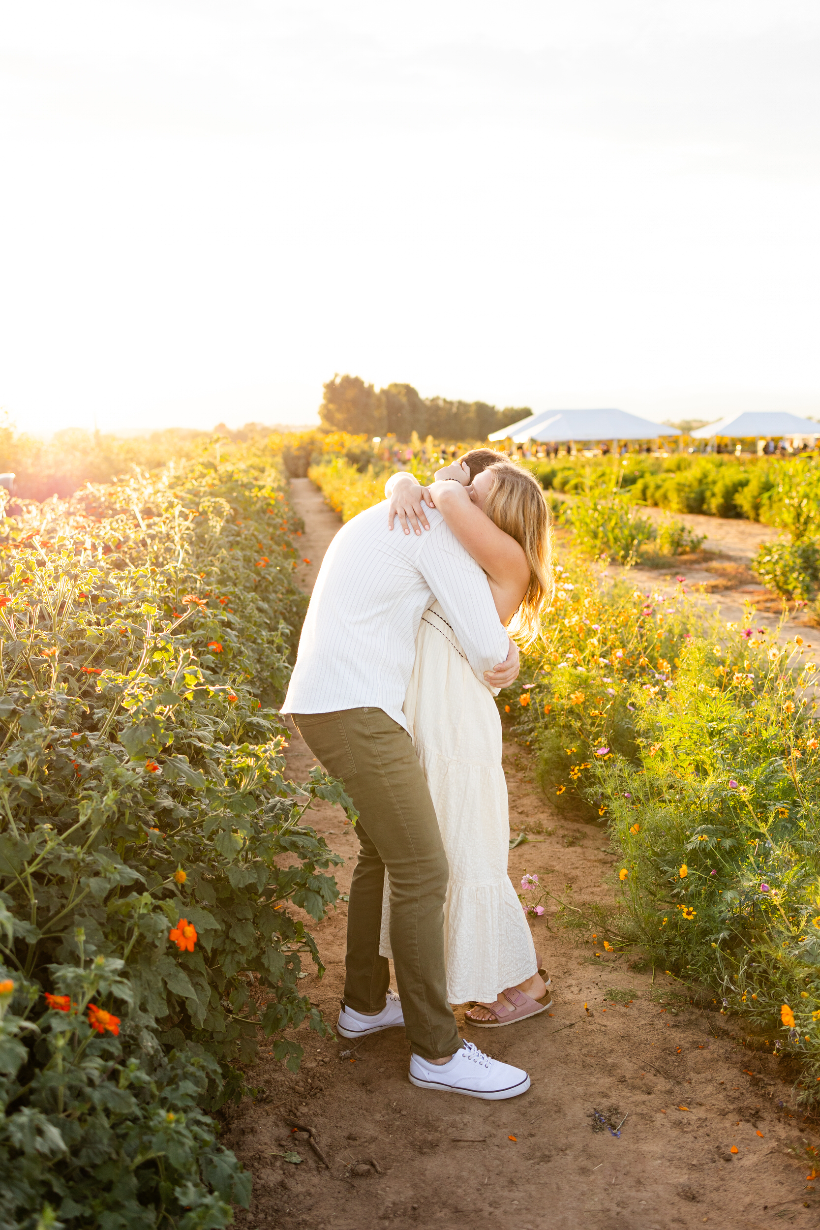 A newly engaged couple hugs in a field of flowers at sunset.
