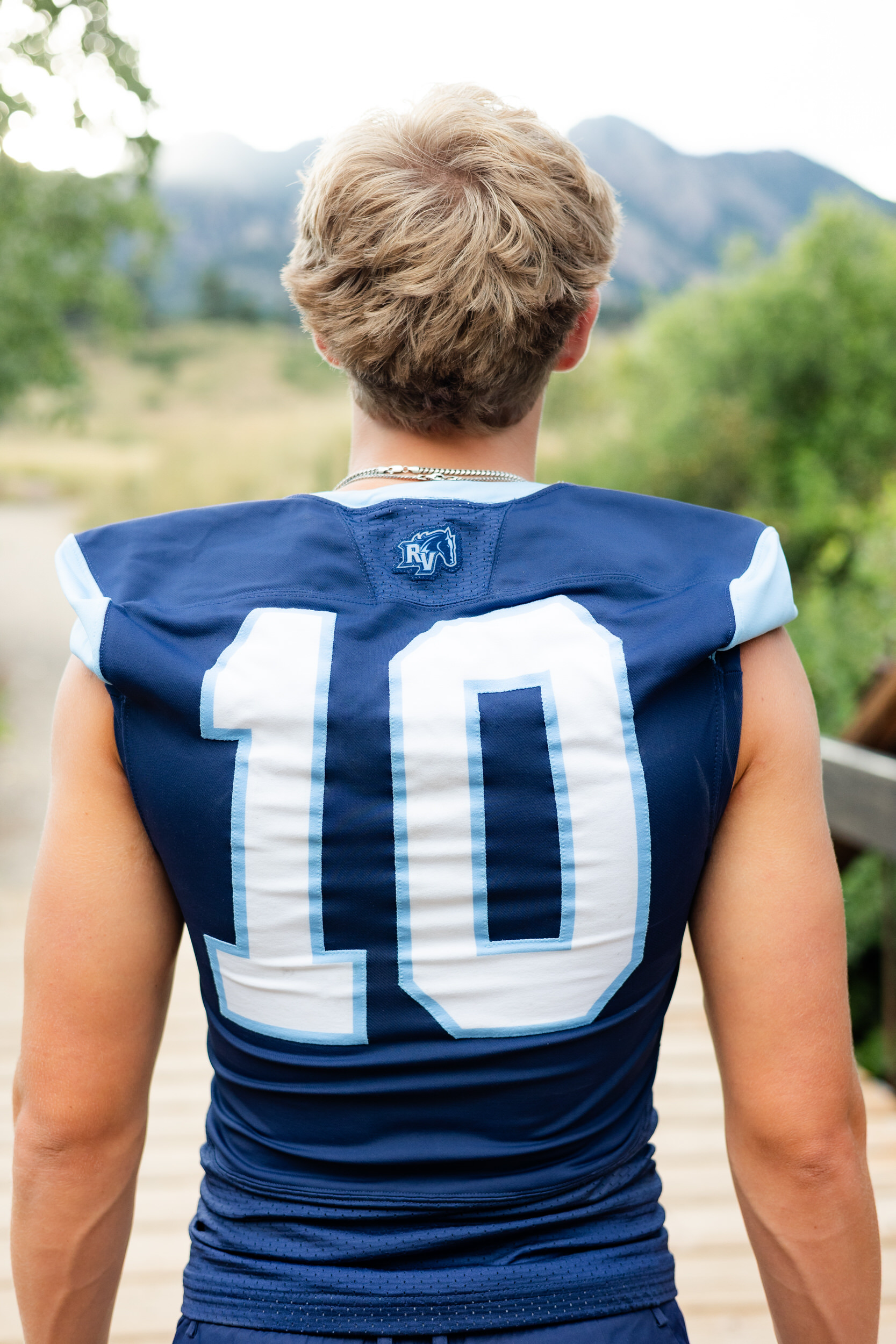 Close up shot of a school football jersey