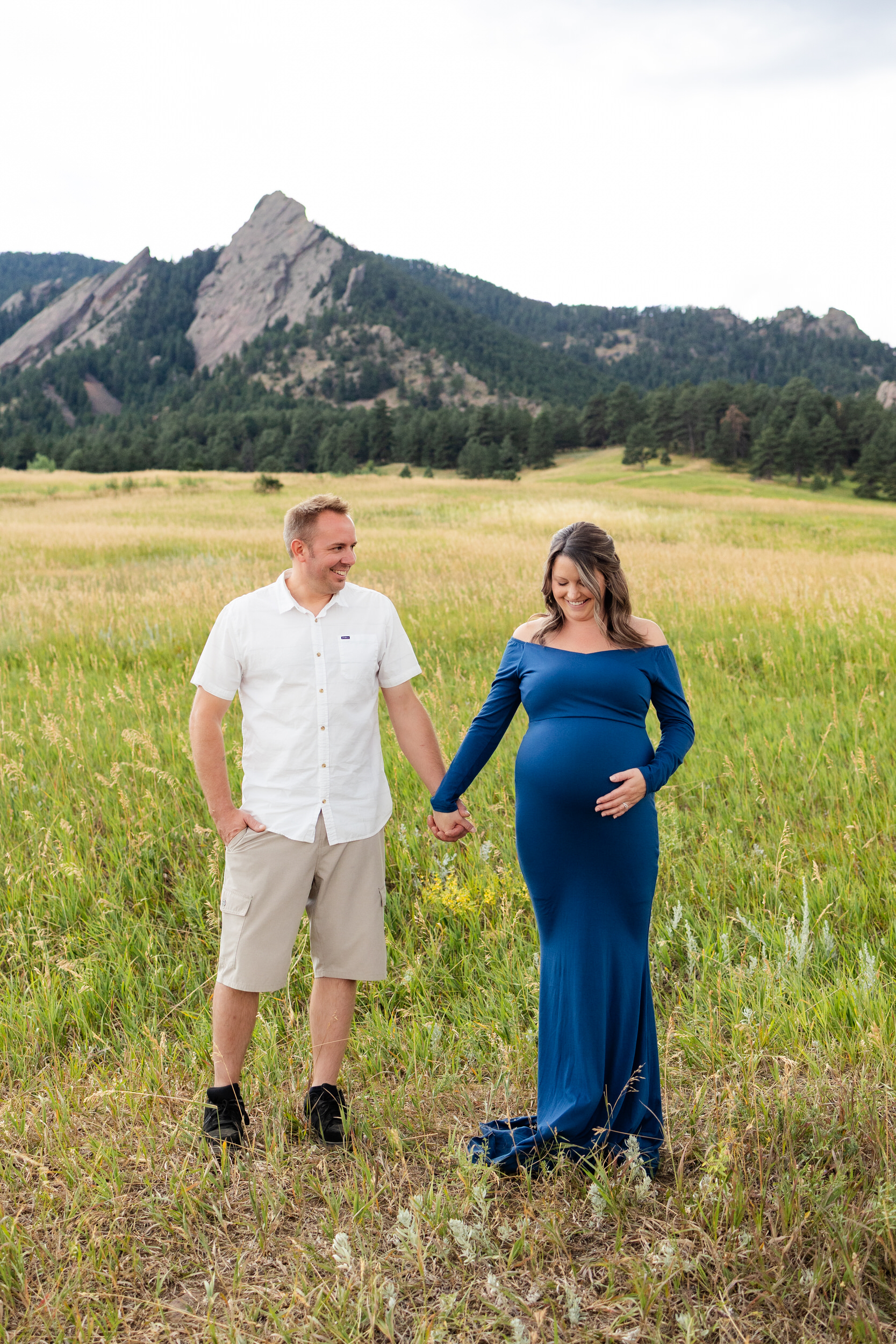 Husband and pregnant wife stand side by side holding hands in a mountain field.